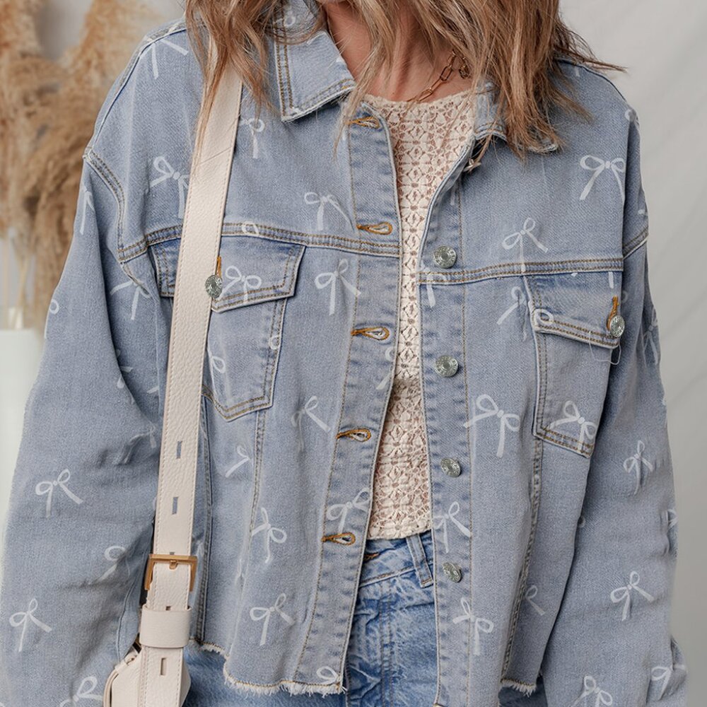 B303 Bow Print Light Wash Raw Hem Denim Jacket